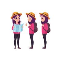 Cartoon Traveler Girl with Map and Backpack in Different Poses vector