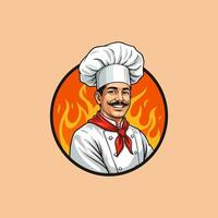 Chef Cartoon Illustration with Mustache and Flames for Culinary Concepts vector