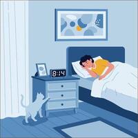 Man Sleeping in Bedroom with Cat and Digital Clock at Night vector