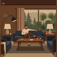 Man Relaxing on Sofa with Drink Enjoying Forest View Indoors vector