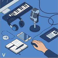 Podcast Recording Setup with Microphone and Accessories Isometric Illustration vector