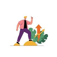 Man Climbing Success Mountain with Upward Arrows Pointing to Growth vector