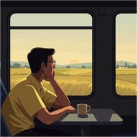 Man Watching Sunset From Train Window with Coffee on Table vector