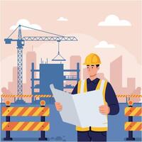 Construction Worker Reviewing Blueprint at Building Site with Crane and Barriers vector