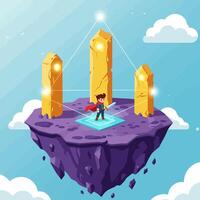 Cartoon Hero on Floating Island with Sword and Golden Stone Pillars vector