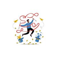 Magician Performing Tricks with Ribbons, Coins, and Rabbit in Hat vector