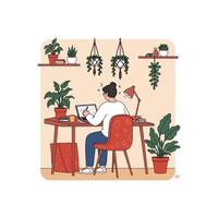 Woman Working From Home, Focused on Laptop with Plants and Desk vector