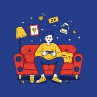 Man Playing Game on Couch Surrounded by Digital Game Elements vector