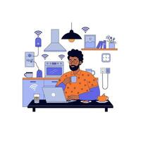 Man Working on Laptop with Coffee in Smart Home Kitchen vector