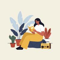 Woman Reading Book at Home Surrounded by Plants and Radio vector