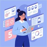 Woman Analyzing Data on Screens for Business Planning and Strategy vector