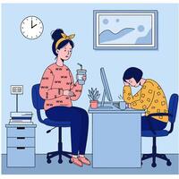 Concerned Coworker Offers Drink to Stressed Colleague at Office Desk vector