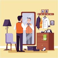 Man Adjusting Bowtie in Mirror Getting Ready for Special Event vector