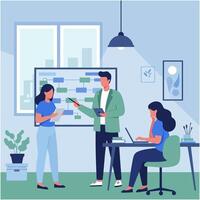 Team Meeting Reviewing Flowchart and Business Strategy in the Office vector