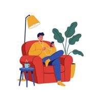 Man Relaxing in Armchair Listening to Music and Using Smartphone vector