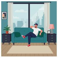 Man Relaxing on Sofa in Modern Apartment with City View vector