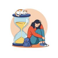 Girl Feeling Sad with Cat Sleeping on Sand Timer Illustration vector