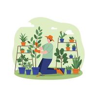 Gardener Pruning Plants in Greenhouse Setting with Shelves of Potted Plants vector