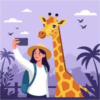 Woman Taking a Selfie with Giraffe at the Zoo Illustration vector