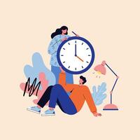 People with Clock Illustration Showing Time Management and Collaboration vector