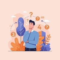 Pensive Man Contemplating Decisions with Question Marks and Graphic Elements vector