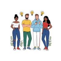 Diverse Team Having Idea Illustration with Light Bulbs Above Them vector
