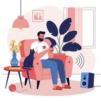 Man Relaxing at Home with Cat Listening Music From Phone vector