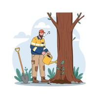 Man Watering Young Tree Seedling with Watering Can Outdoors Illustration vector