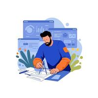 Man Drafting Circle with Compass Amidst Data Charts and Graphics vector