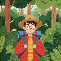 Cartoon Hiker Boy Exploring Forest with Backpack and Bees Illustration vector