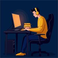 Man Studying Late at Night on Computer vector