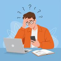 Frustrated Man Struggling with Tech Problems on Laptop and Phone vector