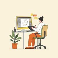Graphic Designer Creating Cute Piggy Illustration on Computer vector