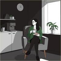 Woman Relaxing with Coffee and Donut in Modern Office vector