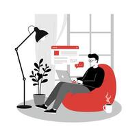 Man Working on Laptop in Comfortable Bean Bag Chair vector