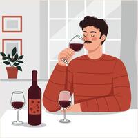 Man Enjoying Glass of Red Wine Indoors with Bottle and Plant vector