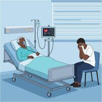 Man Visiting Sick Father Lying in Hospital Bed, Feeling Sad vector
