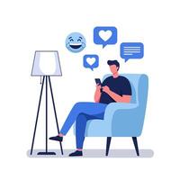 Man Relaxing with Smartphone Receiving Positive Social Media Notifications vector