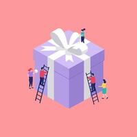 People Decorating a Large Isometric Gift Box with Ribbon and Ladders vector