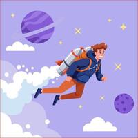 Man Flying with Rocket Pack in Space Cartoon Illustration vector