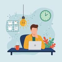 Man Working on Laptop Brainstorming New Ideas vector