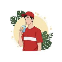 Man Drinking Juice Cartoon Illustration with Tropical Leaves vector