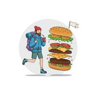 Hungry Hiker Running Towards Giant Burger vector