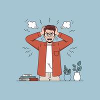 Frustrated Man Stressed at Desk with Books and Plants vector