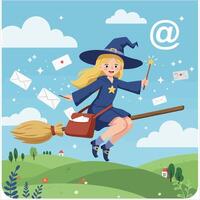 Cute Witch Delivering Emails on a Broomstick vector