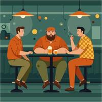 Three Men Enjoying Drinks and Conversation at a Bar vector