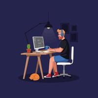 Programmer Coding at Night Home Office Desk Setup vector
