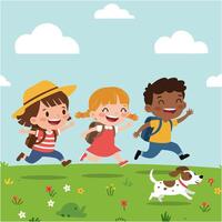 Happy Kids Running Outdoors with Dog in Spring vector