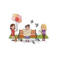 Happy Family Park Scene with Balloons and Birds vector
