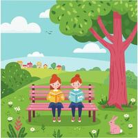 Girls Reading Books on Park Bench Under Tree vector